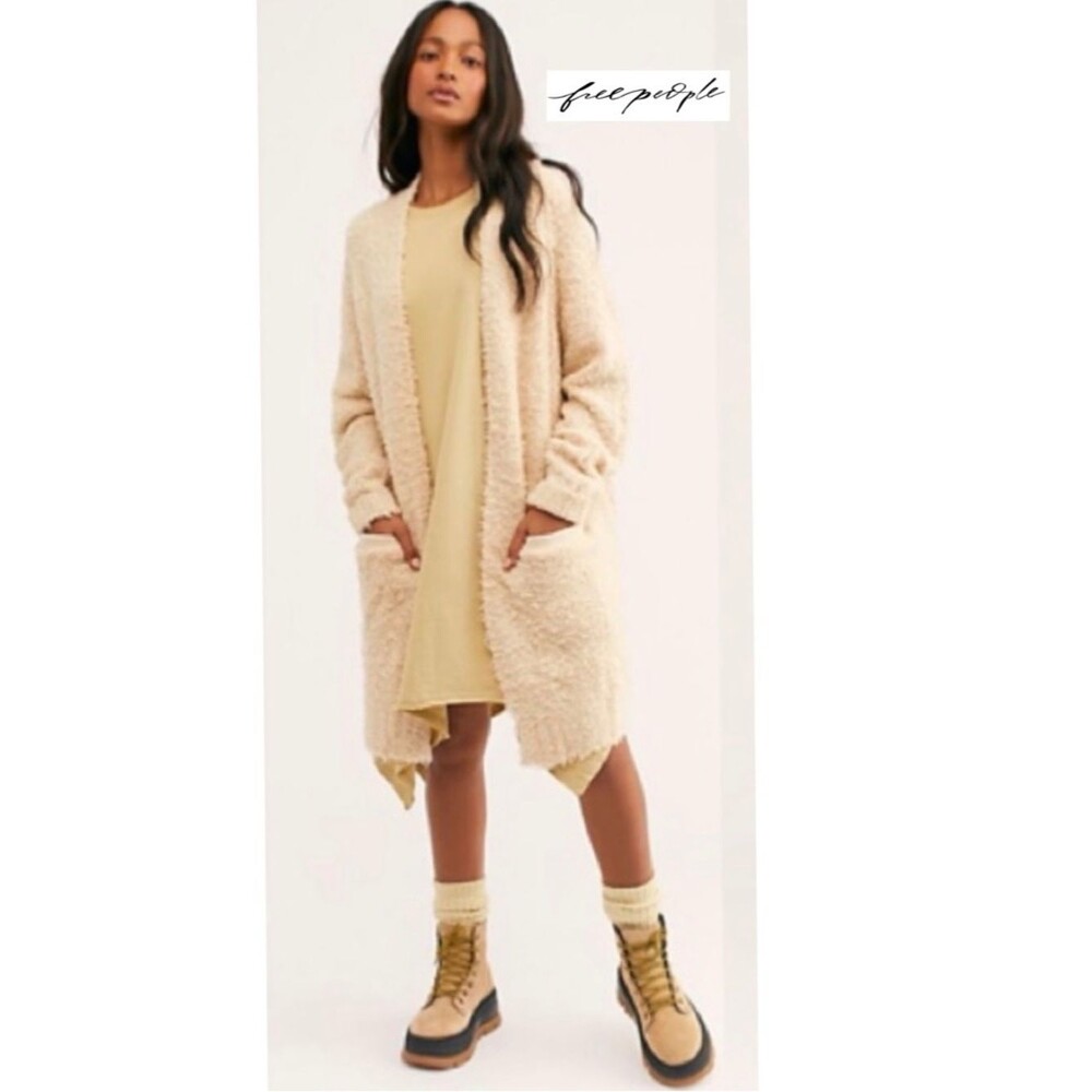 Free People Once In A Lifetime Cardigan Ivory S Shaggy Wool Blend Long Open Boho - Picture 2 of 14